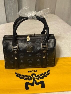 MCM Black Monogram Small Weekender Boston Satchel with Silver Hardware